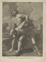 Hercules wearing a lion skin and fighting Achelous, a landscape in the background, after Reni, ca. 1713-72.