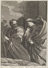 The Flight into Egypt; the Virgin carrying the infant Christ, Joseph pointing to the left, trees behind them, after Reni, ca. 1635-57.