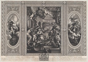 An allegorical scene showing the benefits of James' reign at center, Wise Government trampling Rebellion at right, and Liberty trampling Avarice at left, 1720.