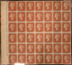 Unused block of forty-two "Penny Red-Brown" postage stamps of Queen Victoria, issued February 10, 1841.
