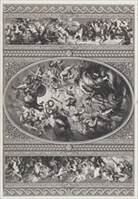 The apotheosis of James I in an oval at center, friezes with putti and garlands on either side, 1720.