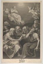 The doctors of the church consulting books and documents and contemplating the Virgin who is shown above in heaven, flanked by angels, after Reni, 1785.