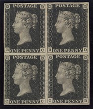 Unused block of four "Penny Black" postage stamps of Queen Victoria, issued May 6, 1840.