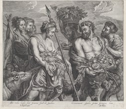 Diana returning from the chase, accompanied by dogs and her nymphs at left, two satyrs at right, ca. 1640-59.