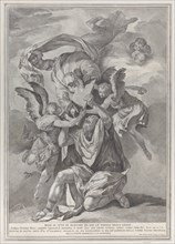 Moses receiving the Tablets of the Law from God who descends from the heavens; from the series of 112 prints of the sacred history, after the painting by Mattia Preti, ca. 1730-39.