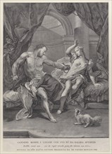 Samson and Delilah seated on a bed, Samson tearing apart the ropes binding his hands as soldiers look on from behind a curtain; from the series of 112 prints of the sacred history, after the painting ...