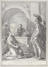 Jephthah's daughter kneeling by the sacrificial altar, with her father standing at right, 1730-50.