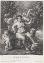 Bacchus seated on a barrel in front of grapevines, with bacchantes, satyrs, and children surrounding him, 1758.