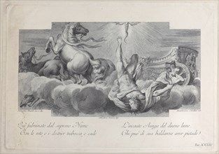 Plate 34: Auriga, the charioteer, falls from the chariot at center, with three horses at left, 1756.