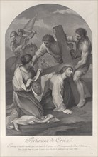 Christ fallen to the ground under the weight of the cross, with two men assisting and Saint Veronica kneeling with the veil at left, ca. 1729.