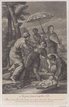 Three women pulling in the basket with the infant Moses from the water, ca. 1729.