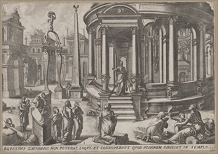 Zacharias Stepping out of the Temple, from the series Events in and around the Temple, ca. 1572.