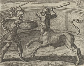 Theseus and the Minotaur (Minotaurum Theseus vincit), from The Metamorphoses of Ovid (Metamorphosean Sive Transformationum), plate 74, Published after 1606.