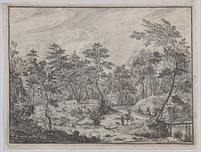 Forest landscape with a rider conversing with a man at center, a footbridge at right, 1716.