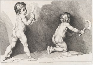 Two nude children standing; from New Book of Children, 1720-60.