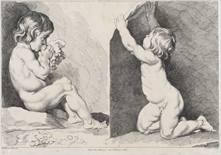 Two nude children eating grapes; from New Book of Children, 1720-60.