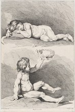 Two nude children, one sleeping and the other holding a wreath, from New Book of Children, 1720-60.