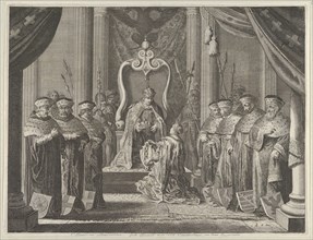 Plate 8: Emperor Maximilian II granting a crown to the coat of arms of Amsterdam, from Caspar Barlaeus, "Medicea Hospes", 1638.