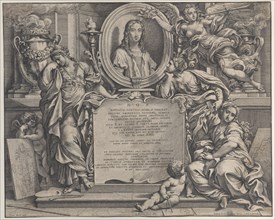 Frontispiece with oval portrait of Raphael, with three allegorical figures of the Arts supporting the tablet at center, 1675.