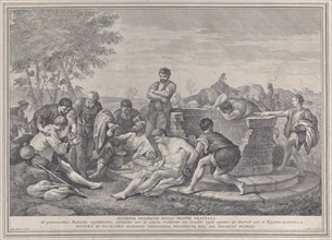 Joseph being sold into slavery by his brothers, who sit around a well dividing up the coins, 1730-39.