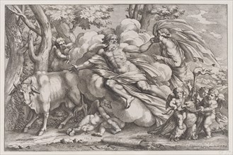 Io at the left as a cow, Jupiter on a cloud in the centre and Juno at the right with putti holding an eagle captive in the lower right, 1650-90.