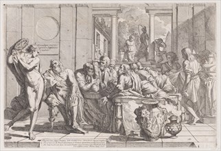Plato's symposium: Socrates and his companions seated around a table discussing ideal love interruputed by Alcibiades at left, 1648.