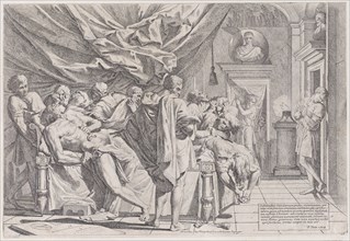 The suicide of the philosopher Cato, who lies on his bed pulling out his innards watched by horrified disciples, 1648.