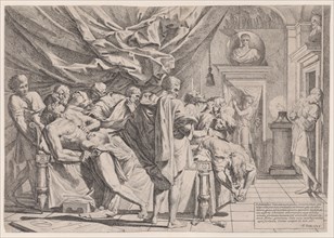 The suicide of the philosopher Cato, who lies on his bed pulling out his innards watched by horrified disciples., 1648.