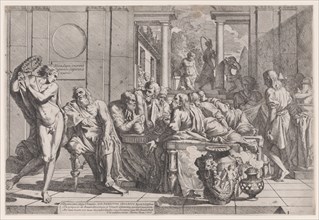Plato's symposium: Socrates and his companions seated around a table discussing ideal love interruputed by Alcibiades at left, 1648.