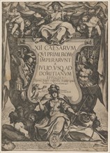 Frontispiece with a trumpeter sounding trumpets seated on top of a cartouche flanked by trophies, from 'The Twelve Caesars', 1606.