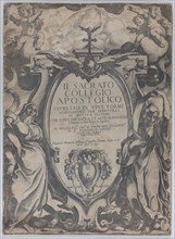Frontispiece with two figures holding scrolls and cherubs flanking the cartouche at center, from 'The Consecrated Apostolic College' (Il sacrato collegio apostolico), 1606-07.