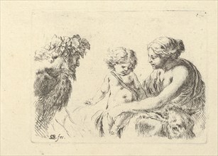 Plate 6: a woman at right holding her child who is sitting atop a donkey, a satyr at left looking towards the right, from 'Various figures and doodles' (Diverses figures et griffonnemens, ca. 1646.