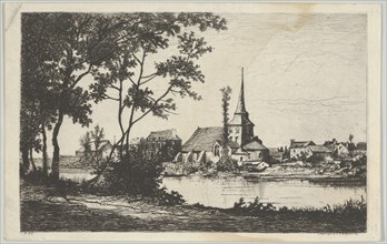 Town with a church across a river, 19th century.
