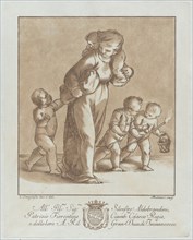 A young girl walks towards the left with one infant on her shoulder and holding another small child's hand, while two children walk at right with a torch and a basket, ca. 1780.