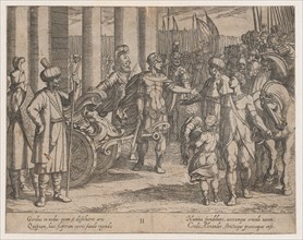 Plate 2: Alexander Cutting the Gordian Knot, from The Deeds of Alexander the Great, 1608.