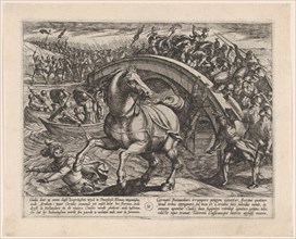 Plate 31: Civilis Forced to Dismount and Swim Across the River, from The War of the Romans Against the Batavians, 1611.