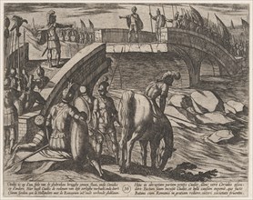 Plate 36: Civilis and Cerialis Meet on a Broken Bridge to Reach an Accord, from The War of the Romans Against the Batavians (Romanorvm et Batavorvm societas), 1611.