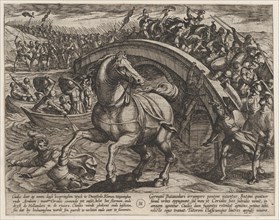 Plate 31: Civilis Forced to Dismount and Swim Across the River, from The War of the Romans Against the Batavians (Romanorvm et Batavorvm societas), 1611.