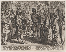Plate 28: Cologne Troops Bring Civilis' Wife and Sister to Cerialis, from The War of the Romans Against the Batavians (Romanorvm et Batavorvm societas), 1611.
