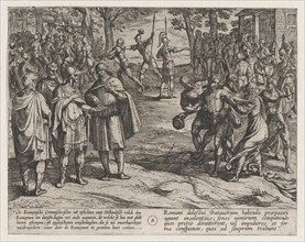 Plate 2: The Romans Taking Old Dutch Men as Hostages and Seducing Young Ones, from The War of the Romans Against the Batavians (Romanorvm et Batavorvm societas), 1611.