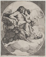 Jupiter and Juno seated on clouds, with an eagle holding thunderbolts below at left, 1631.