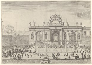 The altar of the holy sacrament; at left, the sacrament beneath a canopy, carried in procession and followed by the Louis XIV and Anne of Austria heading towards a large arched structure, spectators a...