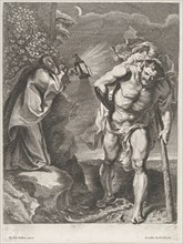 Saint Christopher carrying the Christ child across a stream, another man holding a lantern at left on the riverbank, ca. 1636-80.