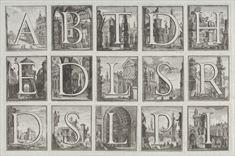 Roman alphabet against architectural backgrounds, from G. P. Zanotti's Il Claustro di San Michele in Bosco di Bologna, 1776.