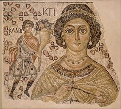 Fragment of a Floor Mosaic with a Personification of Ktisis, Byzantine, 500-550, with modern restoration.