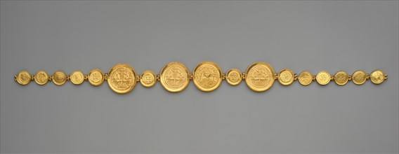 Girdle with Coins and Medallions, Byzantine, ca. 583, reassembled after discovery. Four medallions depicting the emperor Maurice Tiberius (r. 582-602)