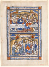 Manuscript Leaf with the Last Supper and the Washing of the Apostles? Feet Leaf, from a Royal Psalter, British, ca. 1250-70.