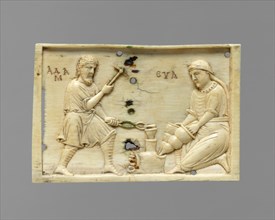 Panels from an Ivory Casket with the Story of Adam and Eve, Byzantine, 10th or 11th century. Adam and Eve, identified with Greek inscriptions, work at a metal forge.