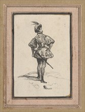 Man with sword and feathered hat, viewed from the back, mid-19th century.
