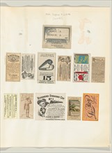 Album page with twelve tobacco coupons and labels, ca. 1888.  Toledo Tobacco Works Co., P. Lorillard Co., S. Jacoby & Co., H. Ellis & Co., and The Pinkerton Tobacco Co